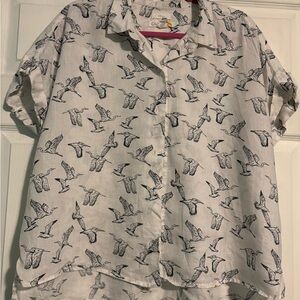 C&C California White Linen Shirt with Navy Bird Print